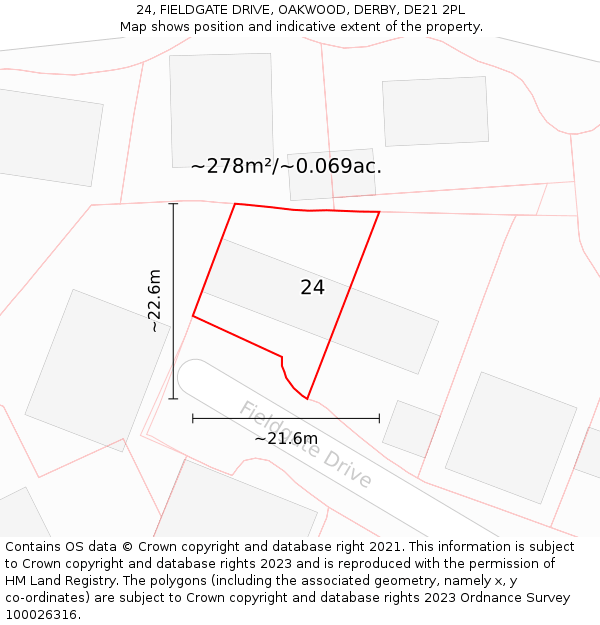 24, FIELDGATE DRIVE, OAKWOOD, DERBY, DE21 2PL: Plot and title map