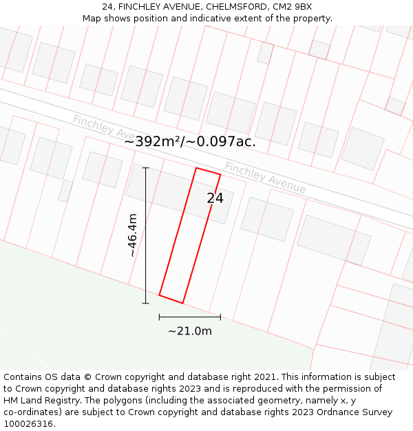 24, FINCHLEY AVENUE, CHELMSFORD, CM2 9BX: Plot and title map
