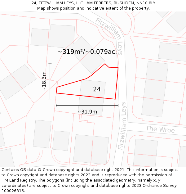 24, FITZWILLIAM LEYS, HIGHAM FERRERS, RUSHDEN, NN10 8LY: Plot and title map