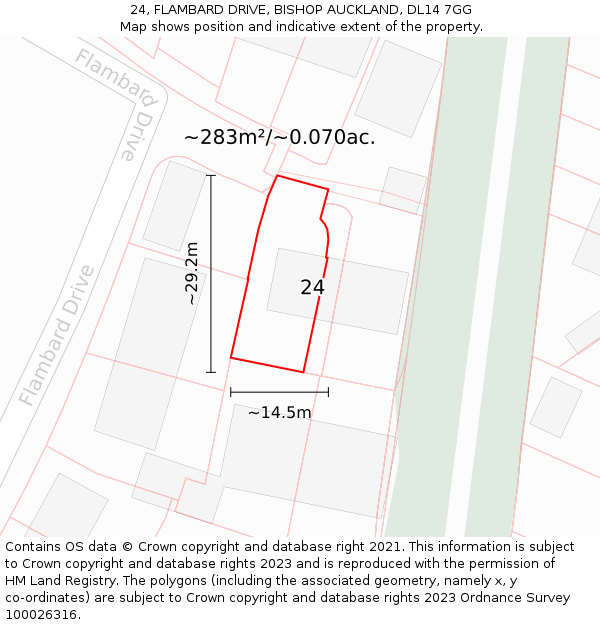 24, FLAMBARD DRIVE, BISHOP AUCKLAND, DL14 7GG: Plot and title map