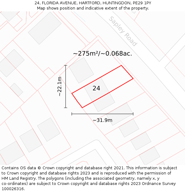 24, FLORIDA AVENUE, HARTFORD, HUNTINGDON, PE29 1PY: Plot and title map