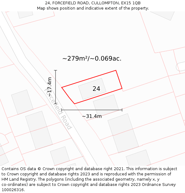 24, FORCEFIELD ROAD, CULLOMPTON, EX15 1QB: Plot and title map