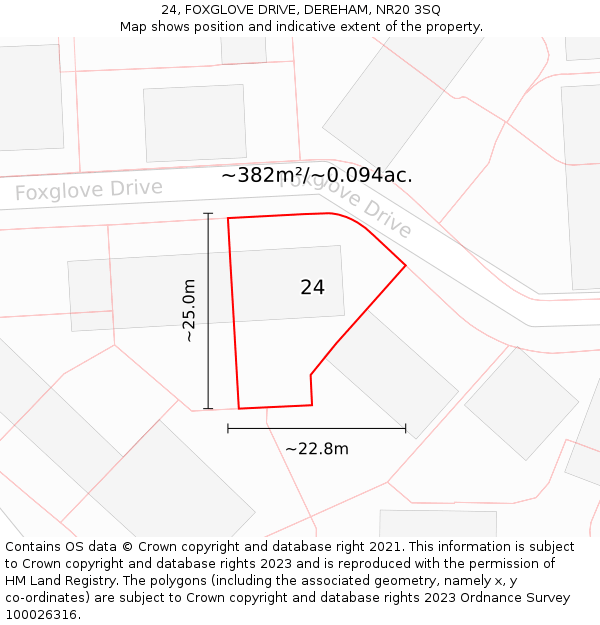 24, FOXGLOVE DRIVE, DEREHAM, NR20 3SQ: Plot and title map