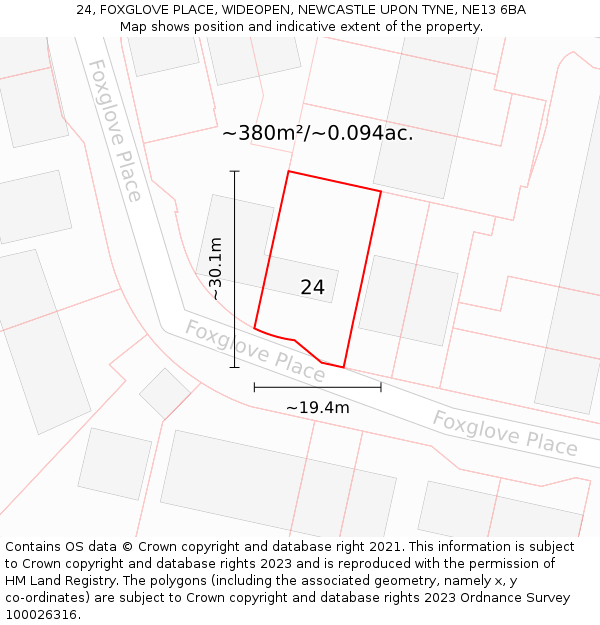 24, FOXGLOVE PLACE, WIDEOPEN, NEWCASTLE UPON TYNE, NE13 6BA: Plot and title map