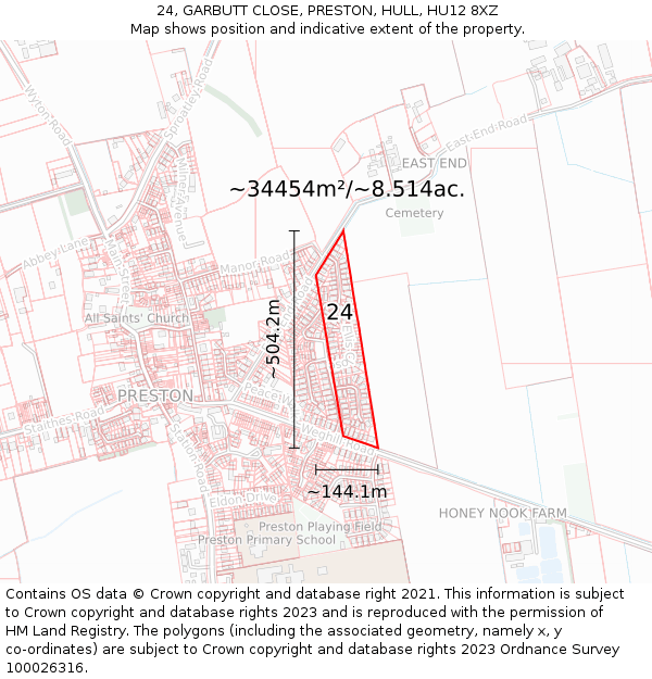 24, GARBUTT CLOSE, PRESTON, HULL, HU12 8XZ: Plot and title map