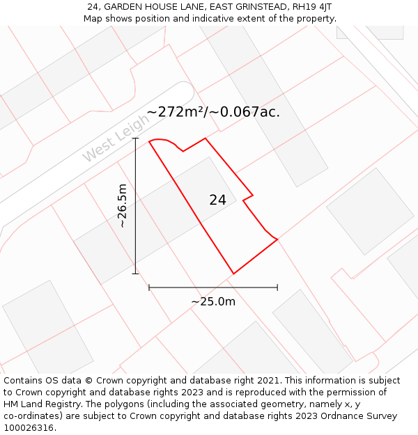 24, GARDEN HOUSE LANE, EAST GRINSTEAD, RH19 4JT: Plot and title map