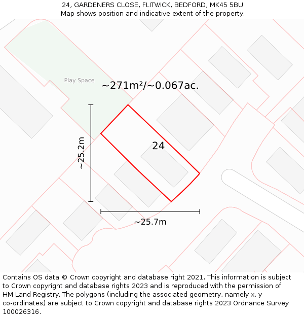 24, GARDENERS CLOSE, FLITWICK, BEDFORD, MK45 5BU: Plot and title map