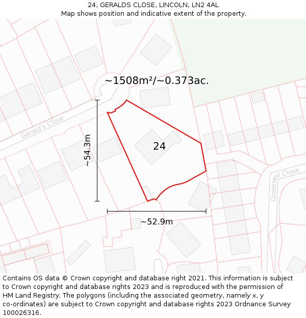 24, GERALDS CLOSE, LINCOLN, LN2 4AL: Plot and title map