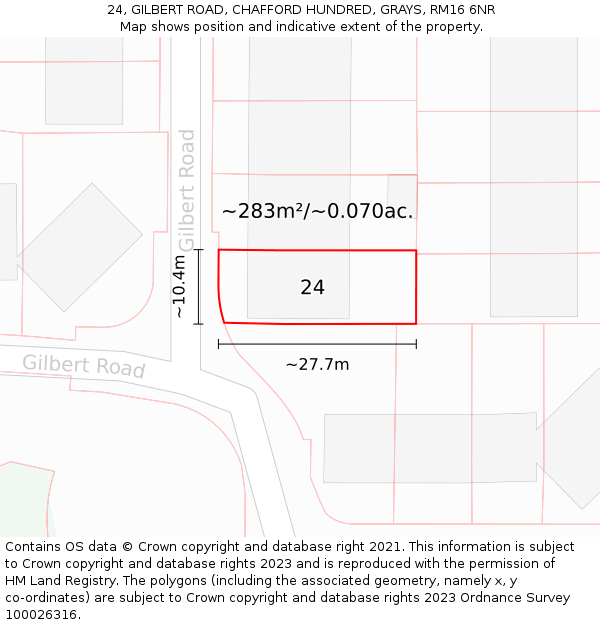 24, GILBERT ROAD, CHAFFORD HUNDRED, GRAYS, RM16 6NR: Plot and title map