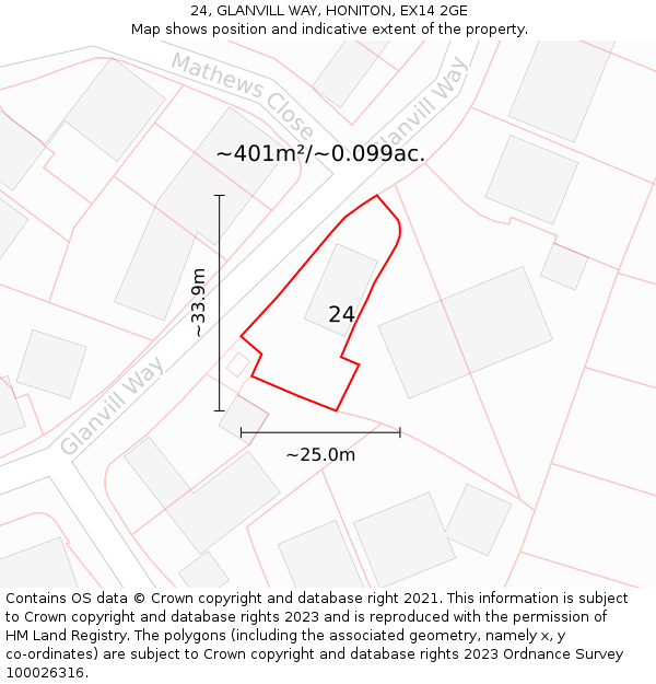 24, GLANVILL WAY, HONITON, EX14 2GE: Plot and title map