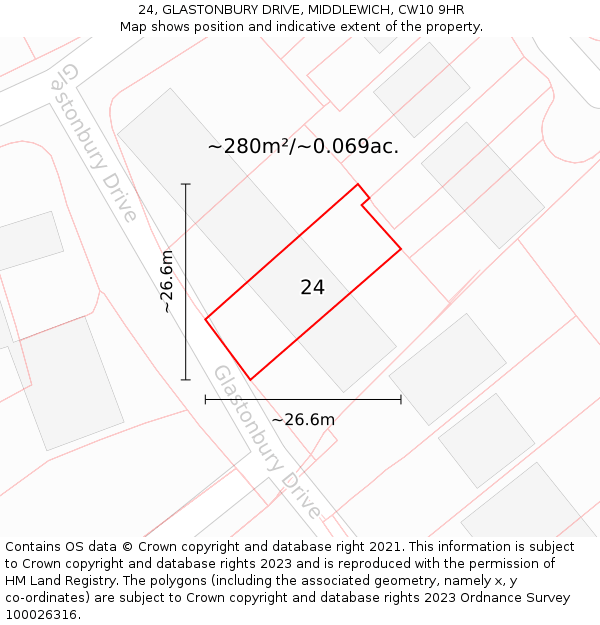 24, GLASTONBURY DRIVE, MIDDLEWICH, CW10 9HR: Plot and title map