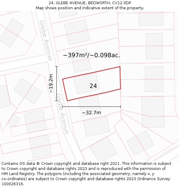 24, GLEBE AVENUE, BEDWORTH, CV12 0DP: Plot and title map