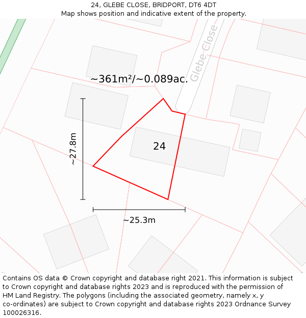24, GLEBE CLOSE, BRIDPORT, DT6 4DT: Plot and title map