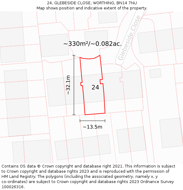 24, GLEBESIDE CLOSE, WORTHING, BN14 7NU: Plot and title map