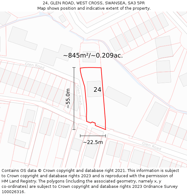 24, GLEN ROAD, WEST CROSS, SWANSEA, SA3 5PR: Plot and title map