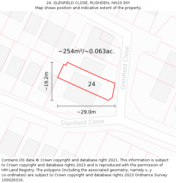 24, GLENFIELD CLOSE, RUSHDEN, NN10 9XY: Plot and title map