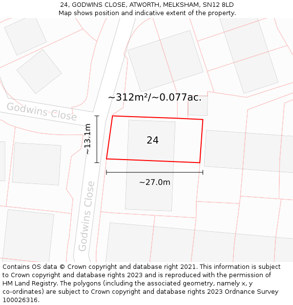 24, GODWINS CLOSE, ATWORTH, MELKSHAM, SN12 8LD: Plot and title map