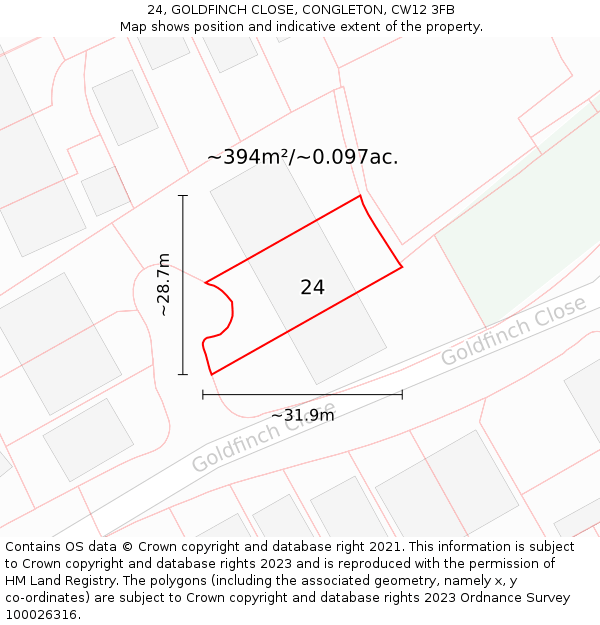 24, GOLDFINCH CLOSE, CONGLETON, CW12 3FB: Plot and title map