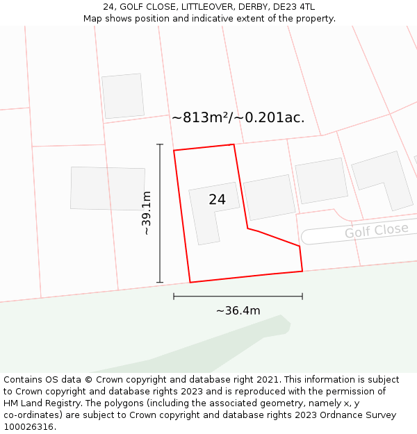 24, GOLF CLOSE, LITTLEOVER, DERBY, DE23 4TL: Plot and title map