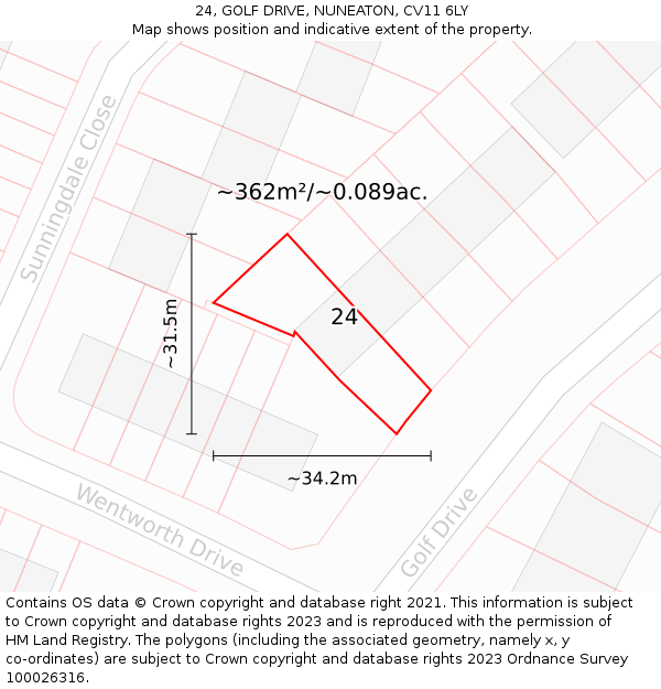 24, GOLF DRIVE, NUNEATON, CV11 6LY: Plot and title map
