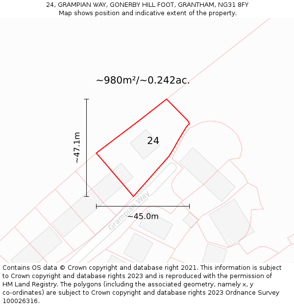 24, GRAMPIAN WAY, GONERBY HILL FOOT, GRANTHAM, NG31 8FY: Plot and title map