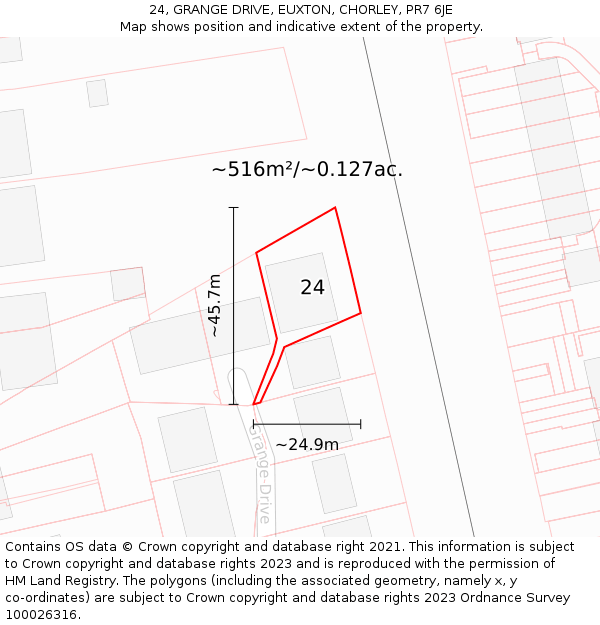 24, GRANGE DRIVE, EUXTON, CHORLEY, PR7 6JE: Plot and title map