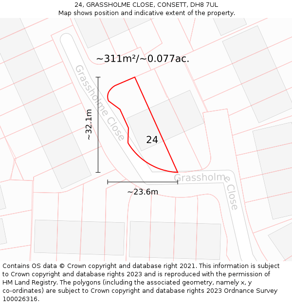 24, GRASSHOLME CLOSE, CONSETT, DH8 7UL: Plot and title map