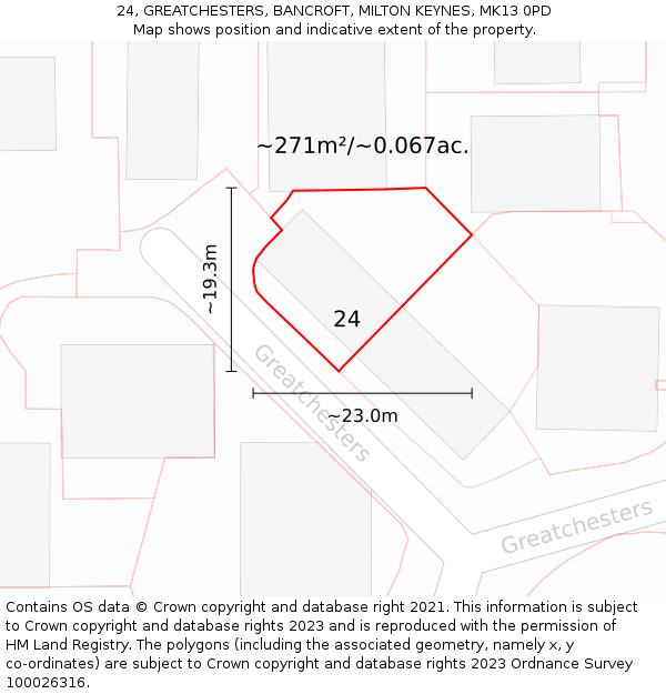 24, GREATCHESTERS, BANCROFT, MILTON KEYNES, MK13 0PD: Plot and title map