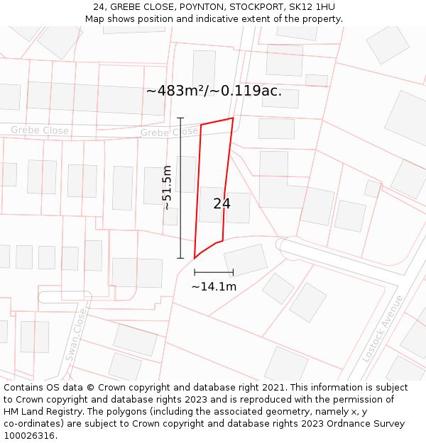 24, GREBE CLOSE, POYNTON, STOCKPORT, SK12 1HU: Plot and title map