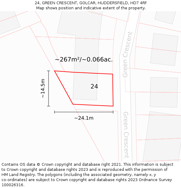 24, GREEN CRESCENT, GOLCAR, HUDDERSFIELD, HD7 4RF: Plot and title map