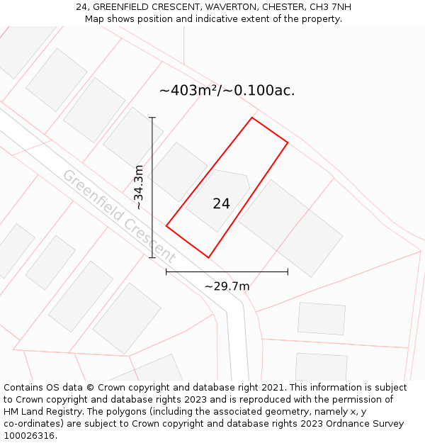 24, GREENFIELD CRESCENT, WAVERTON, CHESTER, CH3 7NH: Plot and title map