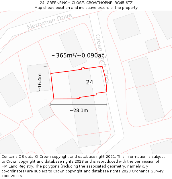 24, GREENFINCH CLOSE, CROWTHORNE, RG45 6TZ: Plot and title map
