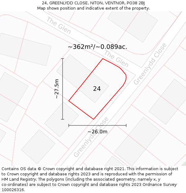 24, GREENLYDD CLOSE, NITON, VENTNOR, PO38 2BJ: Plot and title map