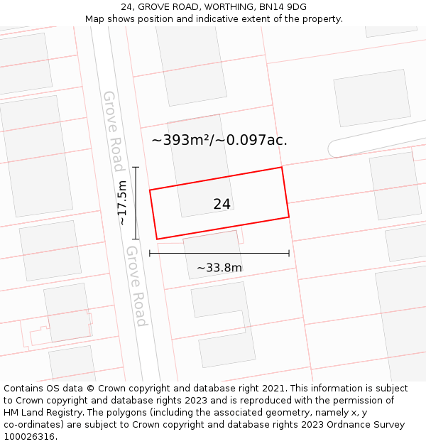 24, GROVE ROAD, WORTHING, BN14 9DG: Plot and title map