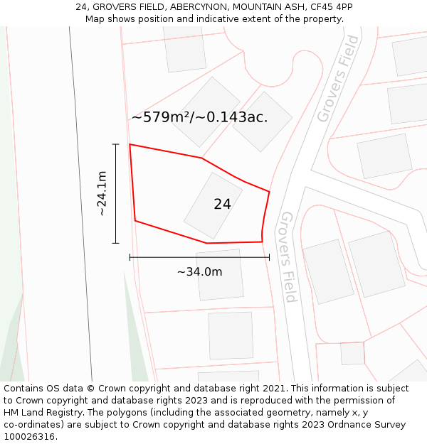 24, GROVERS FIELD, ABERCYNON, MOUNTAIN ASH, CF45 4PP: Plot and title map