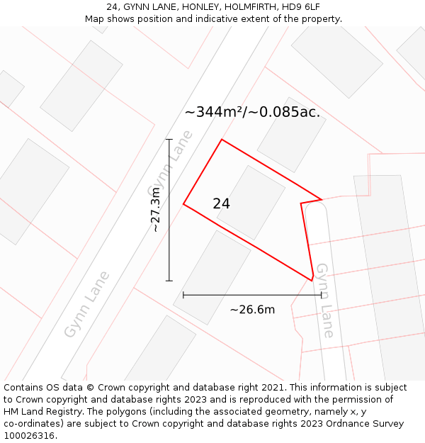 24, GYNN LANE, HONLEY, HOLMFIRTH, HD9 6LF: Plot and title map