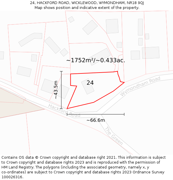 24, HACKFORD ROAD, WICKLEWOOD, WYMONDHAM, NR18 9QJ: Plot and title map