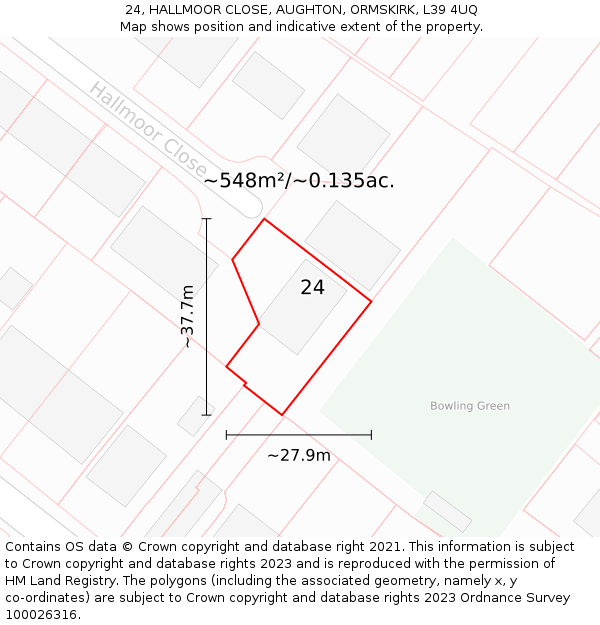 24, HALLMOOR CLOSE, AUGHTON, ORMSKIRK, L39 4UQ: Plot and title map