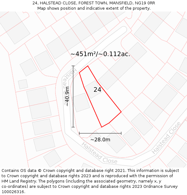 24, HALSTEAD CLOSE, FOREST TOWN, MANSFIELD, NG19 0RR: Plot and title map