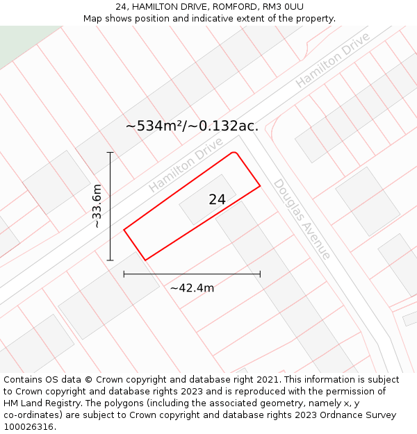 24, HAMILTON DRIVE, ROMFORD, RM3 0UU: Plot and title map