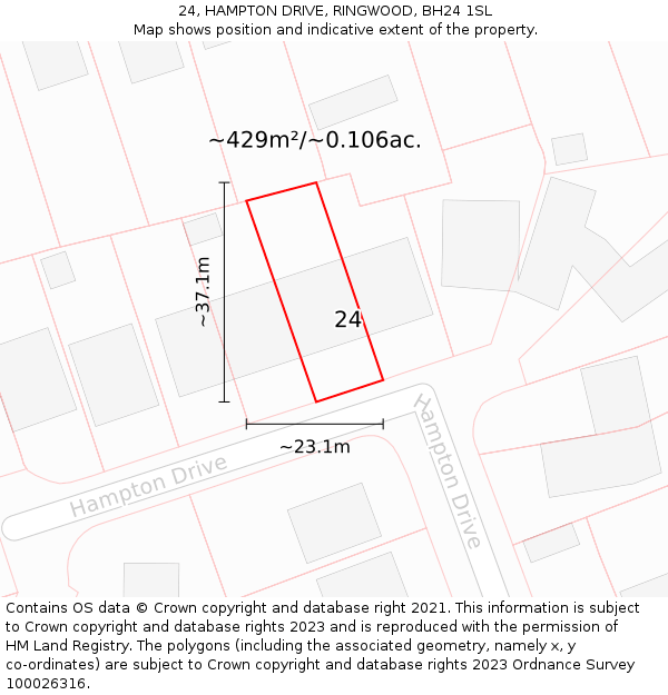 24, HAMPTON DRIVE, RINGWOOD, BH24 1SL: Plot and title map