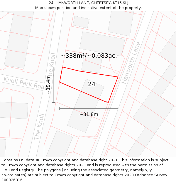 24, HANWORTH LANE, CHERTSEY, KT16 9LJ: Plot and title map