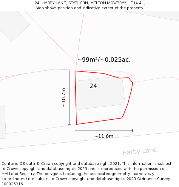 24, HARBY LANE, STATHERN, MELTON MOWBRAY, LE14 4HJ: Plot and title map