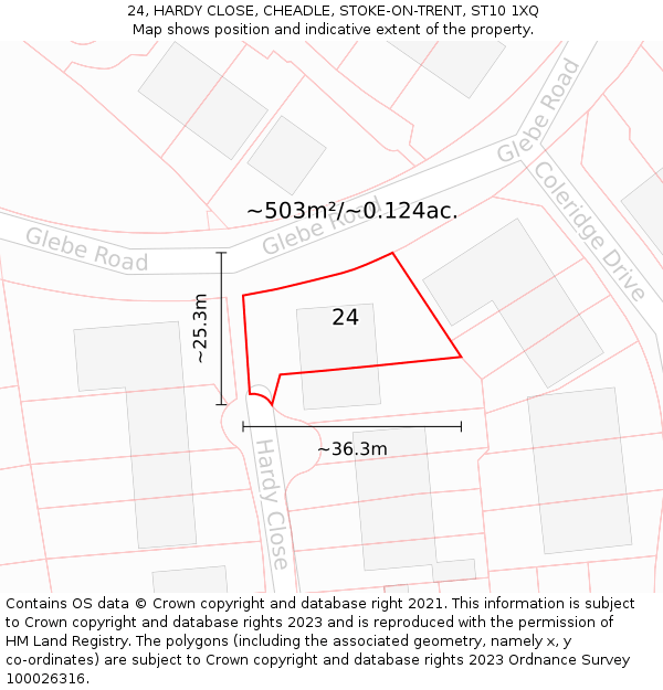 24, HARDY CLOSE, CHEADLE, STOKE-ON-TRENT, ST10 1XQ: Plot and title map