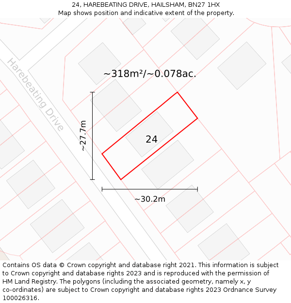 24, HAREBEATING DRIVE, HAILSHAM, BN27 1HX: Plot and title map