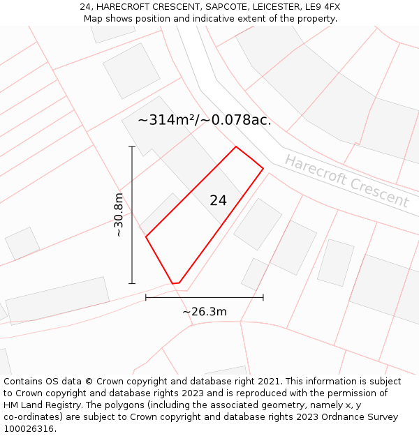 24, HARECROFT CRESCENT, SAPCOTE, LEICESTER, LE9 4FX: Plot and title map