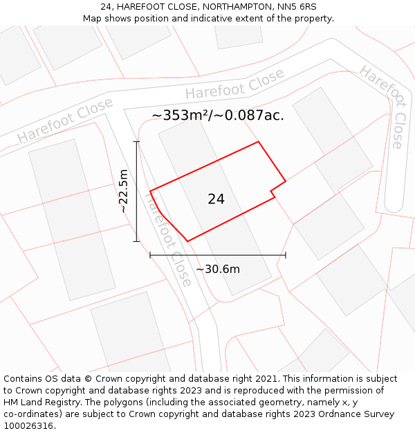 24, HAREFOOT CLOSE, NORTHAMPTON, NN5 6RS: Plot and title map