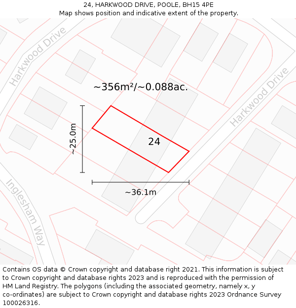 24, HARKWOOD DRIVE, POOLE, BH15 4PE: Plot and title map