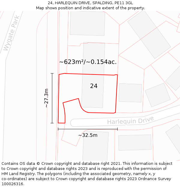 24, HARLEQUIN DRIVE, SPALDING, PE11 3GL: Plot and title map