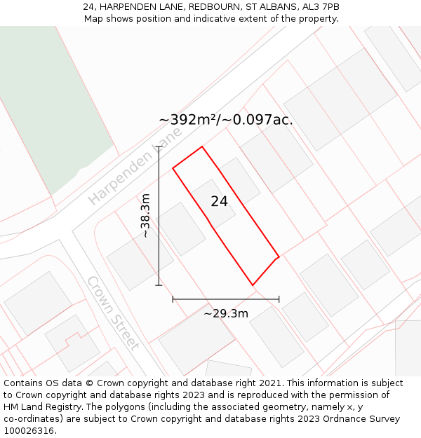 24, HARPENDEN LANE, REDBOURN, ST ALBANS, AL3 7PB: Plot and title map